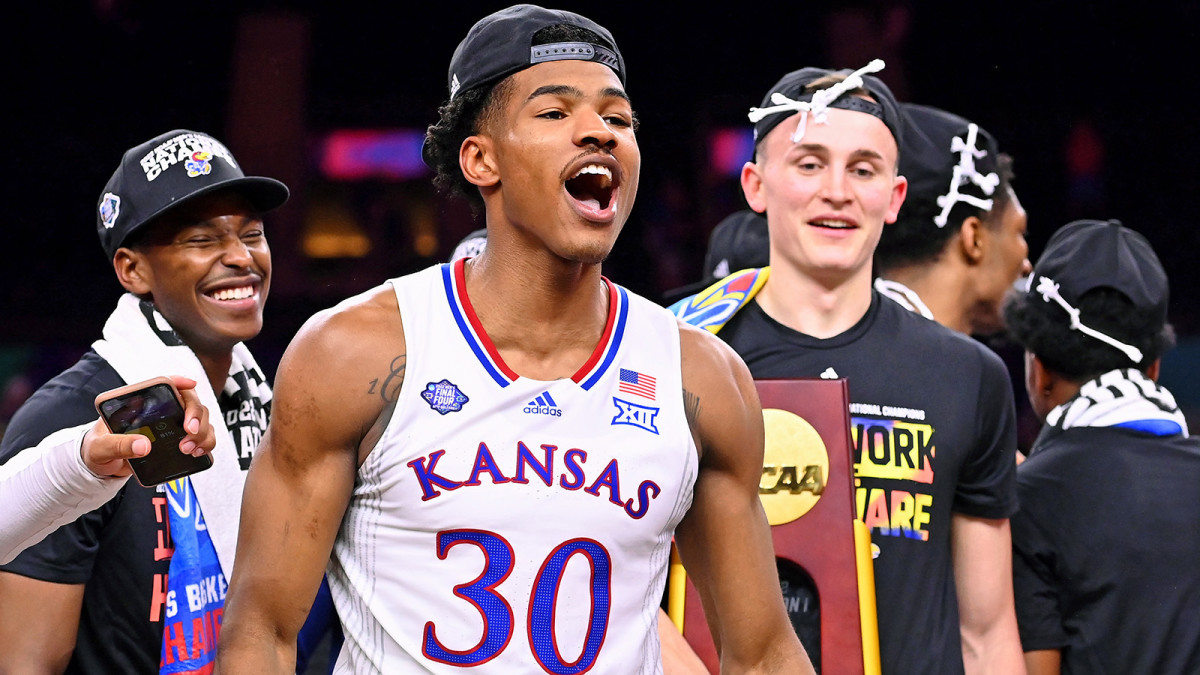 Kansas Jayhawks guard Ochai Agbaji (30) celebrates their win against the North Carolina Tar Heels in the 2022 NCAA men's basketball tournament Final Four championship game.