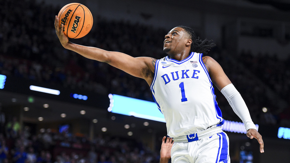 Duke Blue Devils guard Trevor Keels (1) drives to the basket against the Michigan State Spartans in the first half during the second round of the 2022 NCAA Tournament.