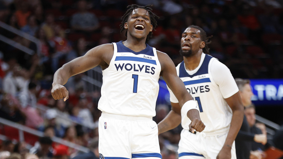 Minnesota Timberwolves forward Anthony Edwards (1) reacts after scoring during the second quarter against the Houston Rockets.