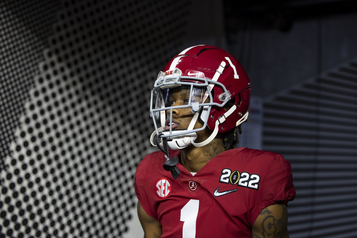 Jan 10, 2022; Indianapolis, IN, USA; Alabama Crimson Tide wide receiver Jameson Williams (1) against the Georgia Bulldogs in the 2022 CFP college football national championship game at Lucas Oil Stadium. Mandatory Credit: Mark J. Rebilas-USA TODAY Sports