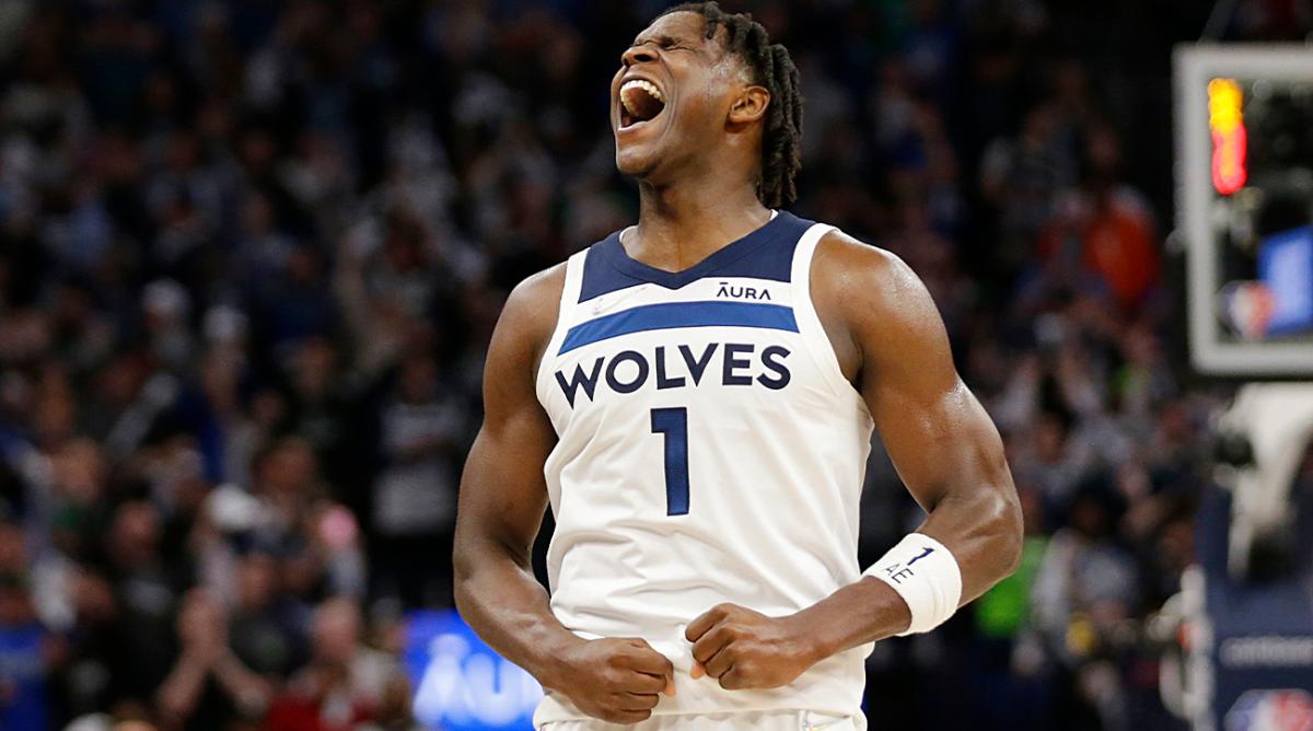 Minnesota Timberwolves forward Anthony Edwards celebrates during the fourth quarter of the team’s NBA basketball game against the Los Angeles Clippers on Tuesday, April 12, 2022, in Minneapolis.