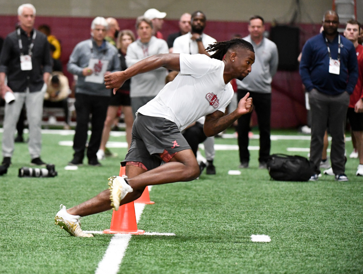 Mar 30, 2022; Tuscaloosa, AL, USA; Alabama defensive back Jalyn Armour-Davis runs a drill for NFL scouts during the University of Alabama Pro Day at Hank Crisp Indoor Facility. Mandatory Credit: Gary Cosby Jr.-USA TODAY Sports