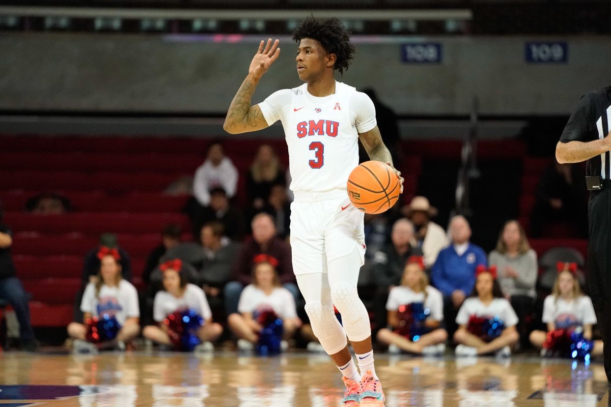 Southern Methodist Mustangs guard Kendric Davis (3) calls a play against the Tulsa Golden Hurricane during the first half at Moody Coliseum.
