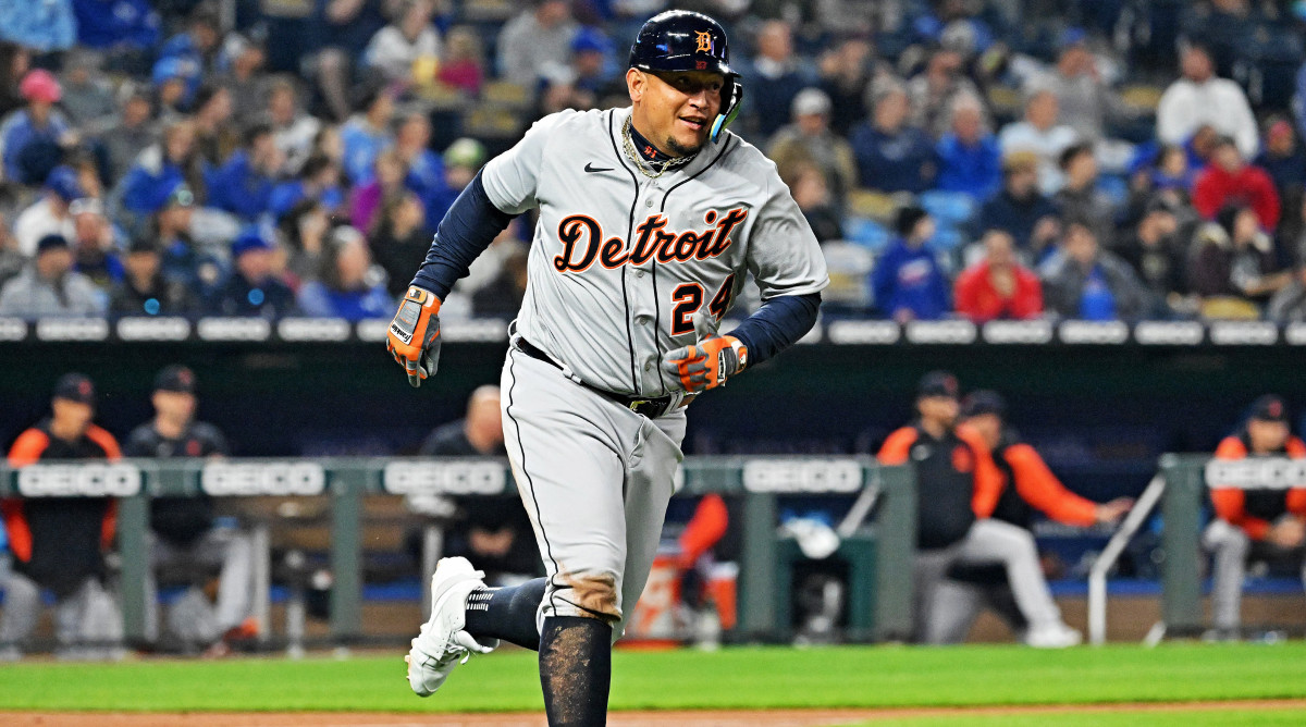 Apr 14, 2022; Kansas City, Missouri, USA; Detroit Tigers designated hitter Miguel Cabrera (24) runs to first base after a single during the fourth inning against the Kansas City Royals at Kauffman Stadium.