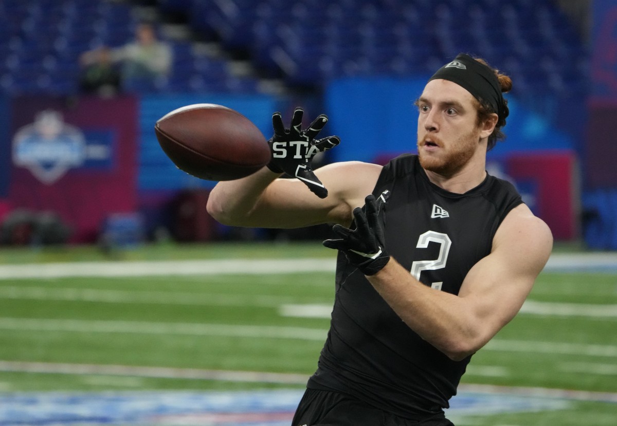 Mar 3, 2022; Indianapolis, IN, USA; Iowa State tight end Chase Allen (TE02) goes through drills during the 2022 NFL Scouting Combine at Lucas Oil Stadium. Mandatory Credit: Kirby Lee-USA TODAY Sports