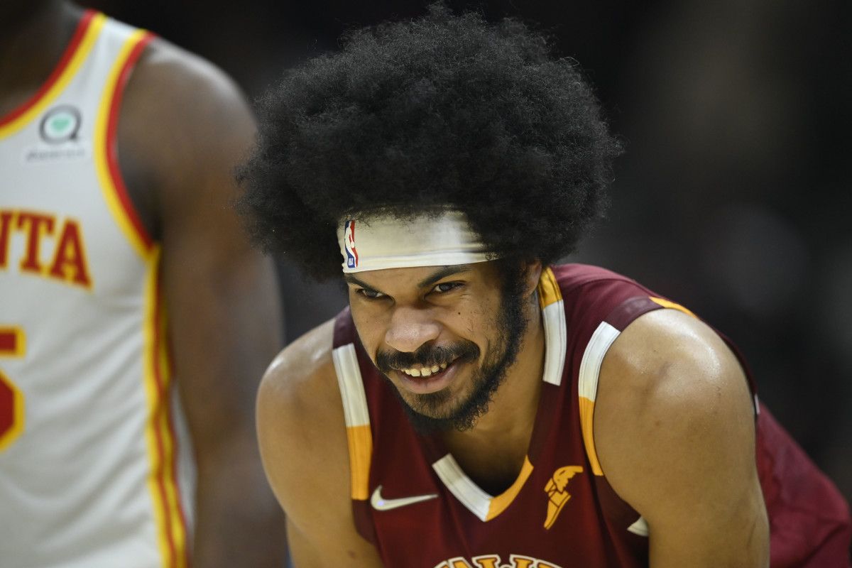 Apr 15, 2022; Cleveland, Ohio, USA; Cleveland Cavaliers center Jarrett Allen (31) smiles in the second quarter against the Atlanta Hawks at Rocket Mortgage FieldHouse.