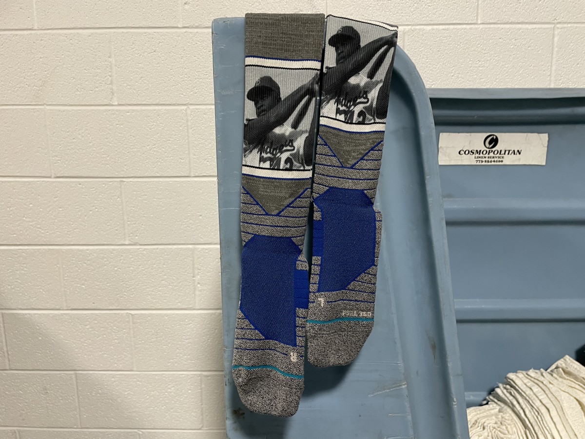 Rays players are all wearing specially-made socks to commemorate Jackie Robinson Day on Friday, April 15. It was 75 years ago that he played his first major-league game for the Brooklyn Dodgers.