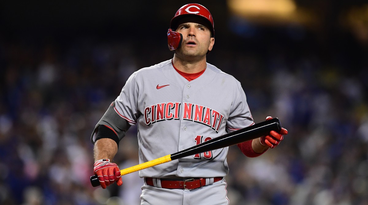 Joey Votto reacts after an at-bat.