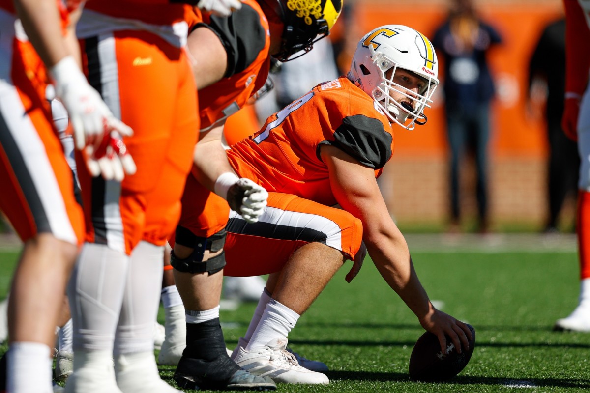 Offensive lineman Cole Strange of Tennessee-Chattanooga (69) during the Senior bowl. Mandatory Credit: Nathan Ray Seebeck-USA TODAY Sports