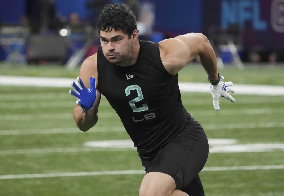 Montana State linebacker Troy Andersen (LB02) goes through drills during the 2022 NFL Scouting Combine. Mandatory Credit: Kirby Lee-USA TODAY Sports