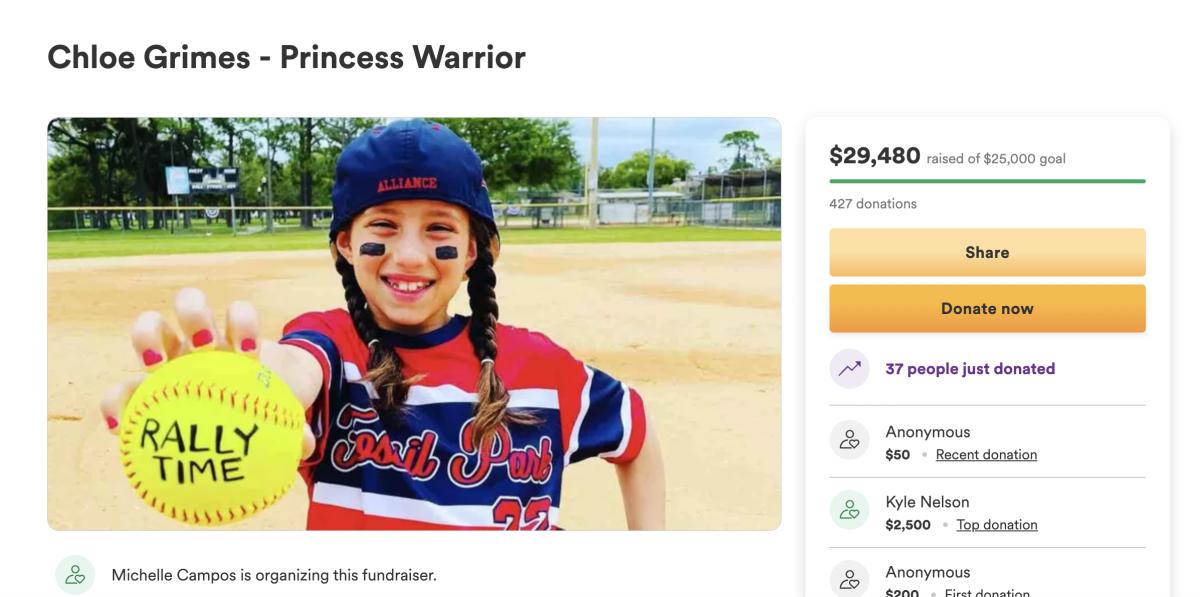 The Go Fund Me page to help with Chloe Grimes' medical bills reached nearly $30,000 after Phillips' dramatic home run during her TV interview. Donations are still being accepted at https://www.gofundme.com/f/chloe-grimes-princess-warrior