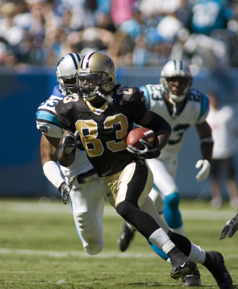 September 11, 2005; New Orleans Saints Donte Stallworth with a reception against the Carolina Panthers. Mandatory Credit: Bob Donnan-USA TODAY Sports Copyright © 2005 Bob Donnan