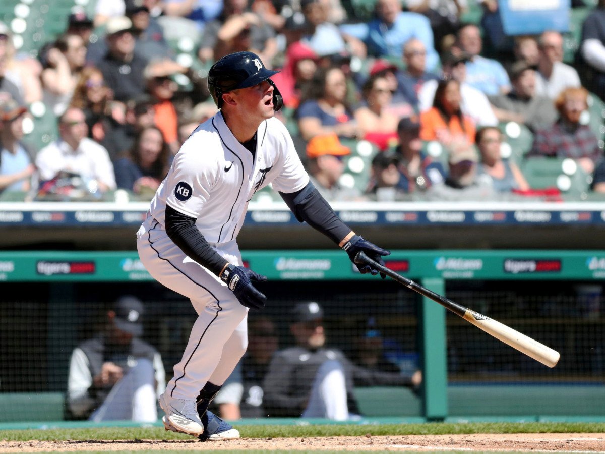 Detroit Tigers first baseman Spencer Torkelson (20) doubles against Boston Red Sox starting pitcher Rich Hill (44) during third inning action Tuesday, April 12, 2022, at Comerica Park in Detroit.