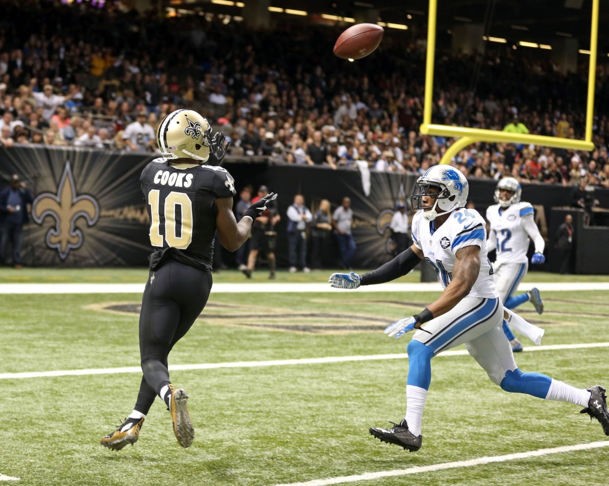 Dec 21, 2015; New Orleans Saints wide receiver Brandin Cooks (10) makes a touchdown catch past Lions cornerback Nevin Lawson (24). Mandatory Credit: Chuck Cook-USA TODAY Sports