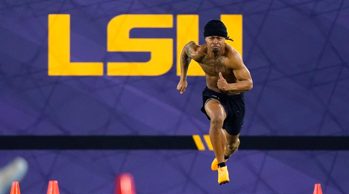 LSU cornerback Derek Stingley Jr. runs through drills during LSU Pro Day for NFL football coaches and scouts in Baton Rouge, La., Wednesday, April 6, 2022.