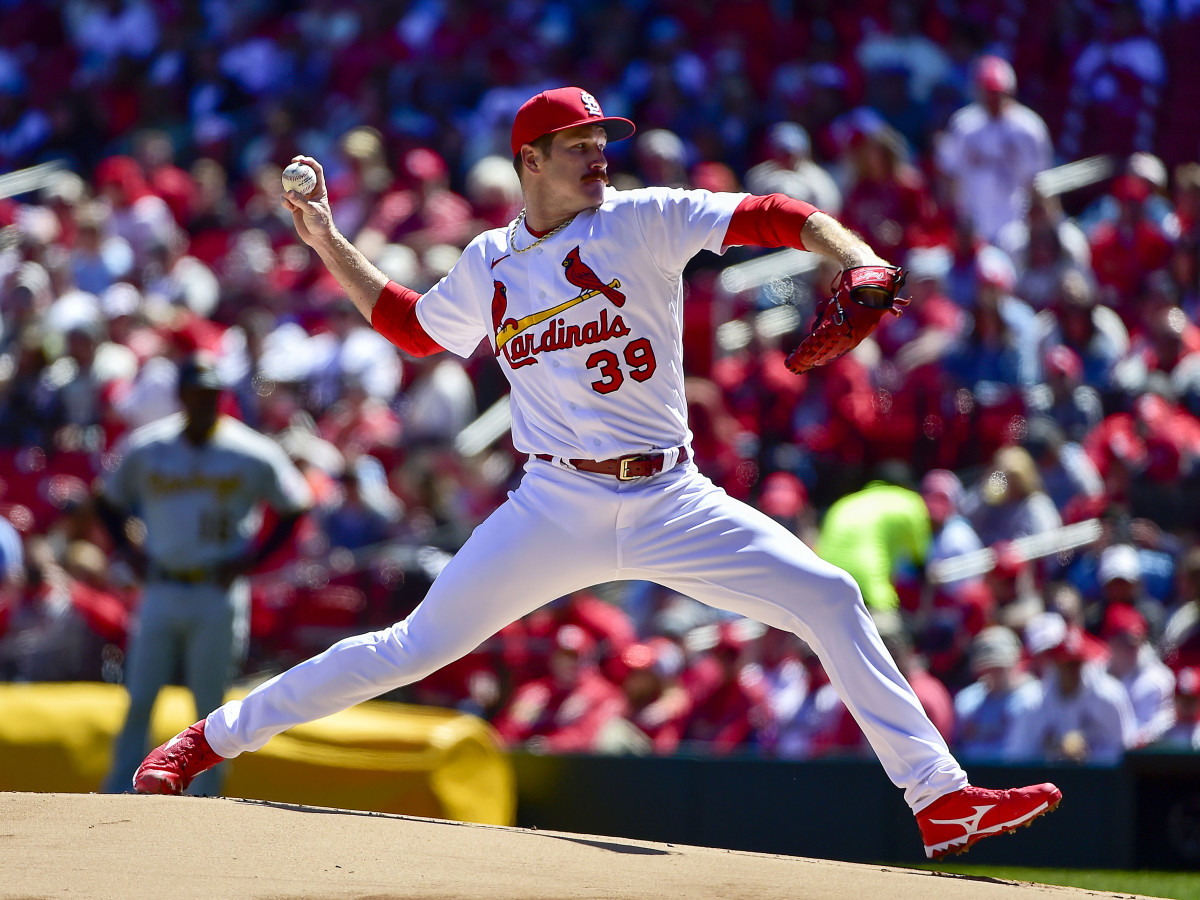 Apr 9, 2022; St. Louis, Missouri, USA;  St. Louis Cardinals starting pitcher Miles Mikolas (39) pitches against the Pittsburgh Pirates during the first inning at Busch Stadium.