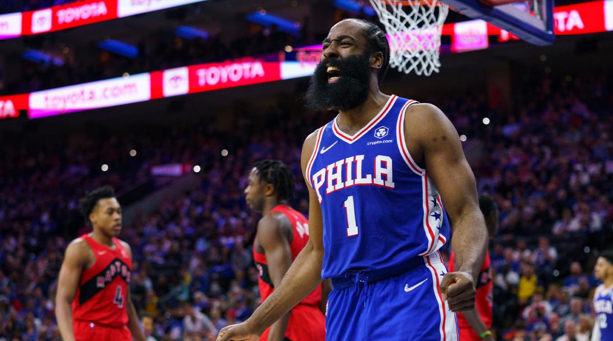 Philadelphia 76ers’ James Harden reacts to the call during the second half of Game 1 of an NBA basketball first-round playoff series against the Toronto Raptors, Saturday, April 16, 2022, in Philadelphia. The 76ers won 131-111.