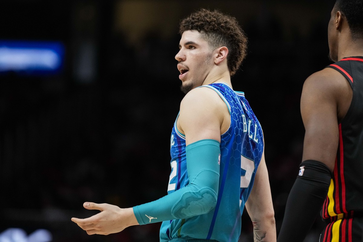 Apr 13, 2022; Atlanta, Georgia, USA; Charlotte Hornets guard LaMelo Ball (2) questions a foul against the Atlanta Hawks during the first half at State Farm Arena. Mandatory Credit: Dale Zanine-USA TODAY Sports