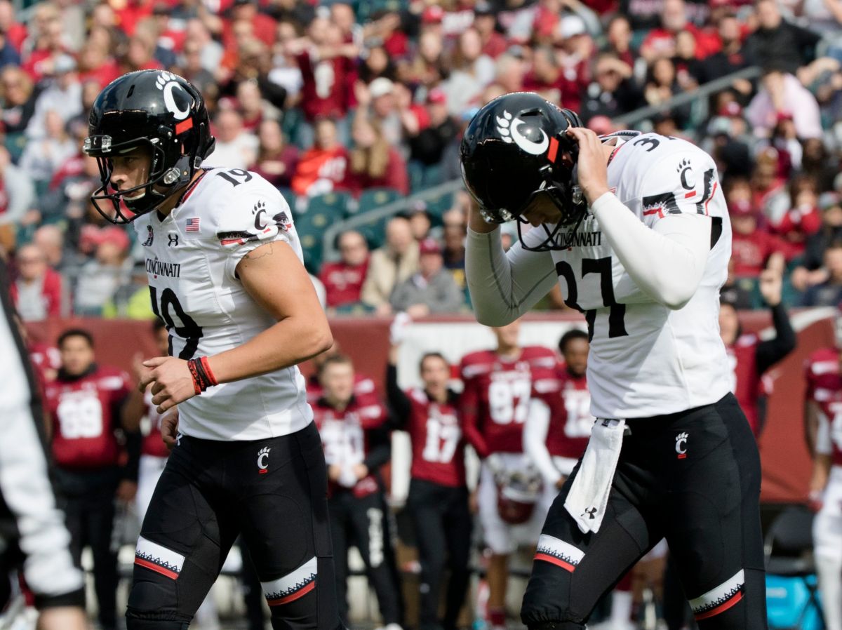 Cincinnati Bearcats place kicker Cole Smith (19) and Cincinnati Bearcats punter James Smith (37) react to a missed field goal during the NCAA football game between Cincinnati Bearcats and Temple Owls on Saturday, Oct. 20, 2018, at Lincoln Financial Field in Philadelphia, Penn. Cincinnati Bearcats Temple Owls