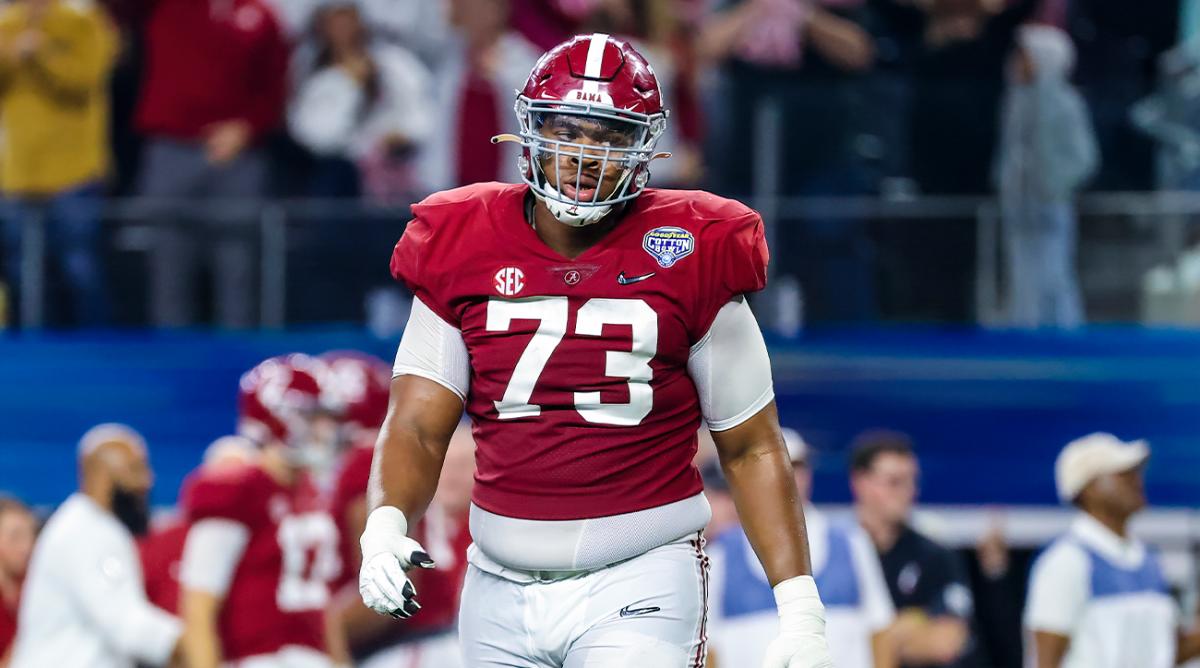 Dec 31, 2021; Arlington, Texas, USA; Alabama Crimson Tide offensive lineman Evan Neal (73) in action during the game against the Cincinnati Bearcats in the 2021 Cotton Bowl college football CFP national semifinal game at AT&T Stadium.