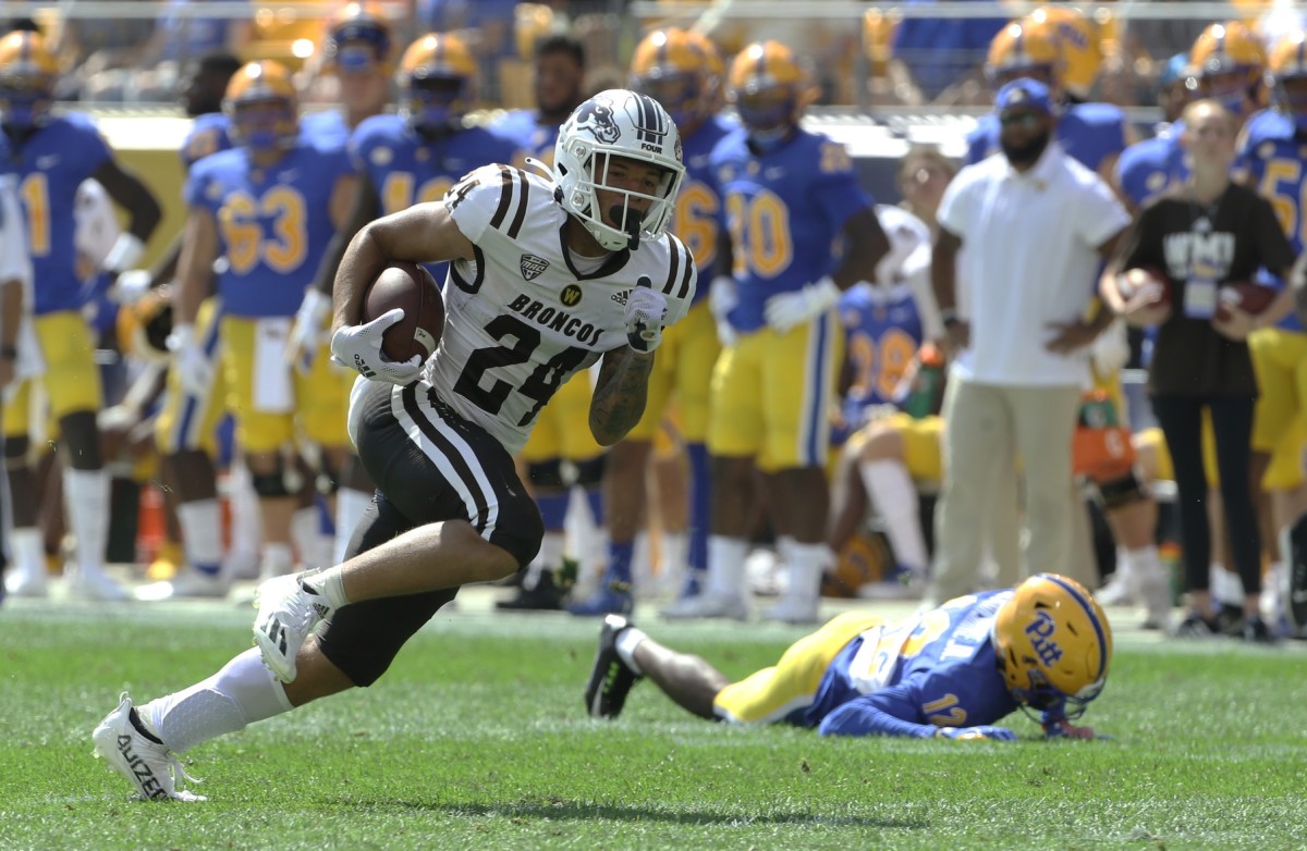 Western Michigan receiver Skyy Moore (24) runs for a touchdown against the Pitt Panthers. Mandatory Credit: Charles LeClaire-USA TODAY Sports