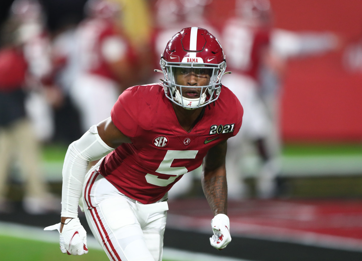 Alabama Crimson Tide defensive back Jalyn Armour-Davis (5) against the Ohio State Buckeyes in the 2021 College Football Playoff National Championship Game