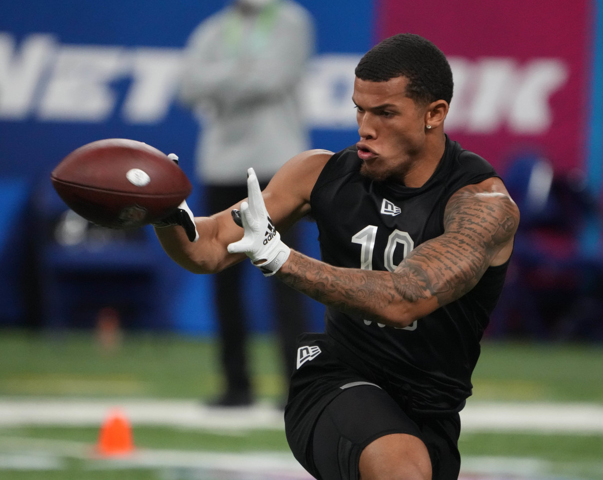 Mar 3, 2022; Indianapolis, IN, USA; Western Michigan wide receiver Skyy Moore (WO19) goes through drills during the 2022 NFL Scouting Combine at Lucas Oil Stadium. Mandatory Credit: Kirby Lee-USA TODAY Sports