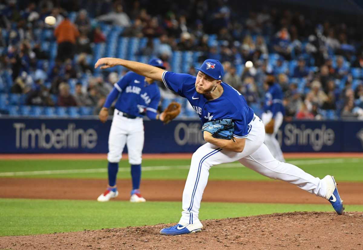 Sep 30, 2021; Toronto, Ontario, CAN; Toronto Blue Jays relief pitcher Nate Pearson (24) delivers a pitch against New York Yankees in the seventh inning at Rogers Centre. Mandatory Credit: Dan Hamilton-USA TODAY Sports