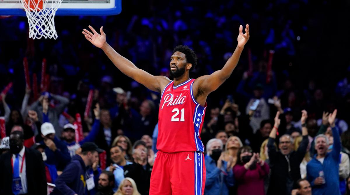 Philadelphia 76ers’ Joel Embiid reacts during the second half of Game 2 of an NBA basketball first-round playoff series against the Toronto Raptors, Monday, April 18, 2022, in Philadelphia.