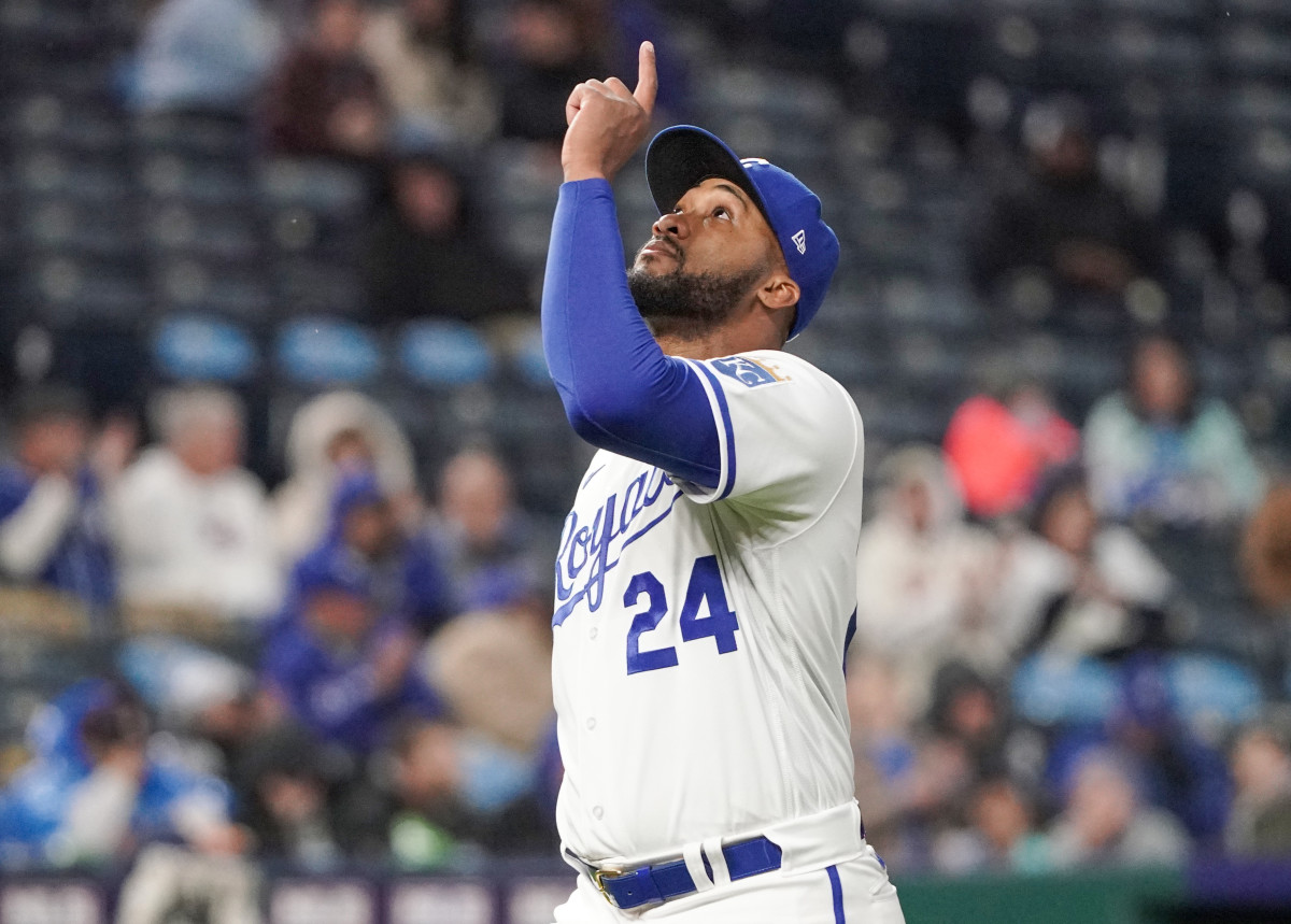 Apr 19, 2022; Kansas City, Missouri, USA; Kansas City Royals relief pitcher Amir Garrett (24) celebrates as he leaves the mound against the Minnesota Twins in the fifth inning at Kauffman Stadium. Mandatory Credit: Denny Medley-USA TODAY Sports