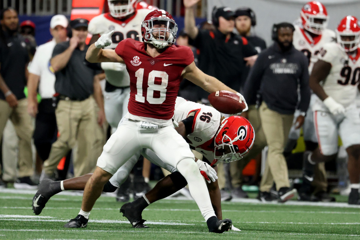 Alabama Crimson Tide wide receiver Slade Bolden (18) reacts after a first down catch during the fourth quarter against the Georgia Bulldogs in the fourth quarter of the SEC championship game at Mercedes-Benz Stadium.