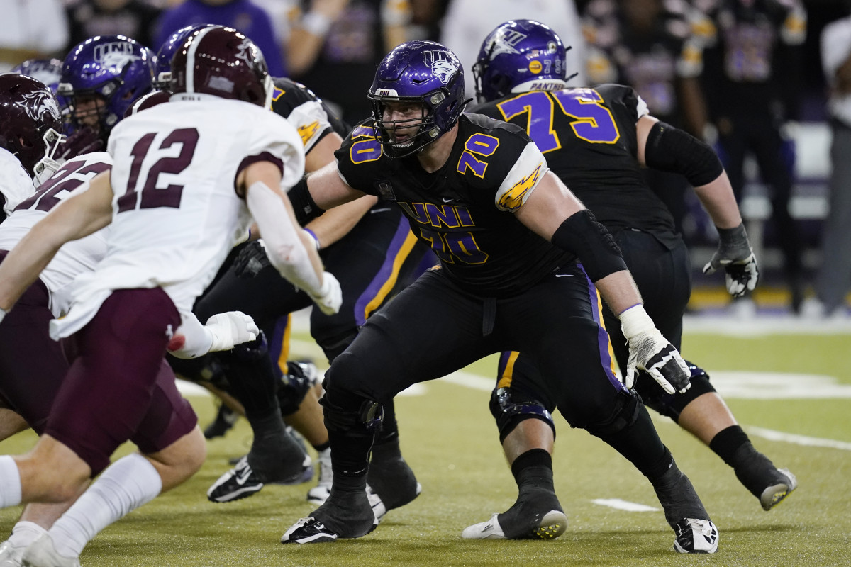 Northern Iowa offensive lineman Trevor Penning (70) looks to make a block during an NCAA college football game against Southern Illinois, Saturday, Oct. 30, 2021, in Cedar Falls, Iowa. (AP Photo/Charlie Neibergall)