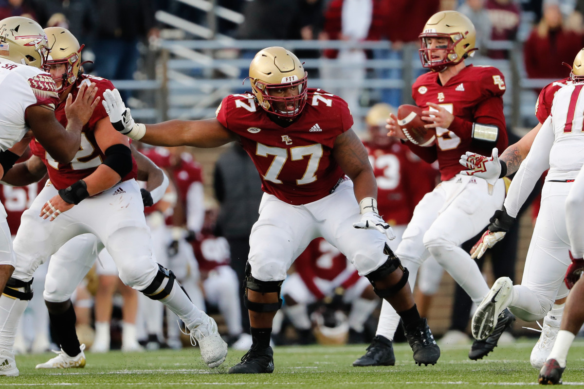Nov 20, 2021; Chestnut Hill, Massachusetts, USA; Boston College Eagles offensive lineman Zion Johnson (77) during the second half against the Florida State Seminoles at Alumni Stadium. Mandatory Credit: Winslow Townson-USA TODAY Sports