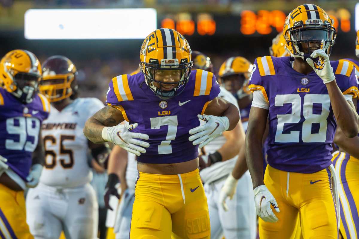 Derek Stingley Jr. celebrates after making a tackle as The LSU Tigers take on Central Michigan Chippewas in Tiger Stadium. Saturday, Sept. 18, 2021. Lsu Vs Central Michigan V1 4108 © SCOTT CLAUSE/USA TODAY Network / USA TODAY NETWORK