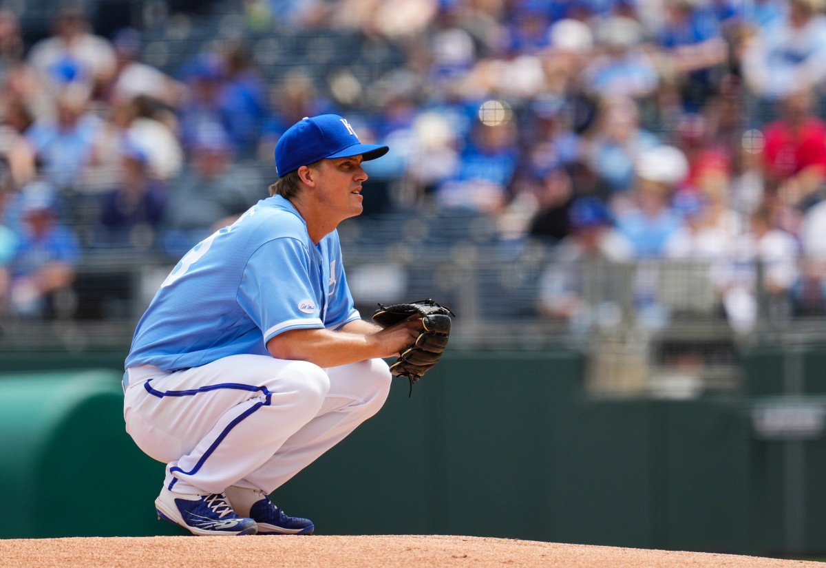 Apr 21, 2022; Kansas City, Missouri, USA; Kansas City Royals starting pitcher Zack Greinke (23) gets ready to pitch during the first inning against the Minnesota Twins at Kauffman Stadium. Mandatory Credit: Jay Biggerstaff-USA TODAY Sports