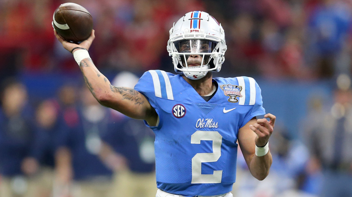 Mississippi Rebels quarterback Matt Corral (2) makes a throw against the Baylor Bears in the second quarter in the 2022 Sugar Bowl at the Caesars Superdome.