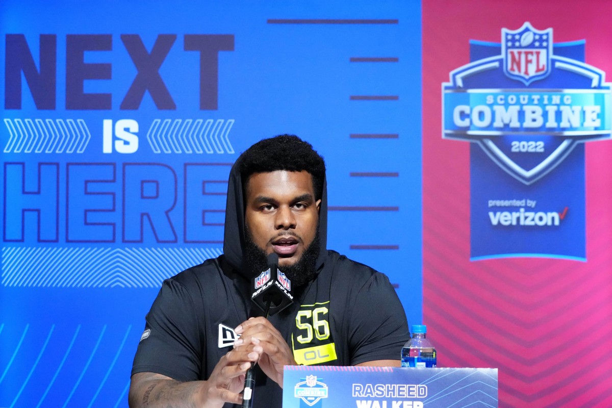 Mar 3, 2022; Indianapolis, IN, USA; Penn State Nittany Lions offensive lineman Rasheed Walker during the NFL Scouting Combine at the Indiana Convention Center.