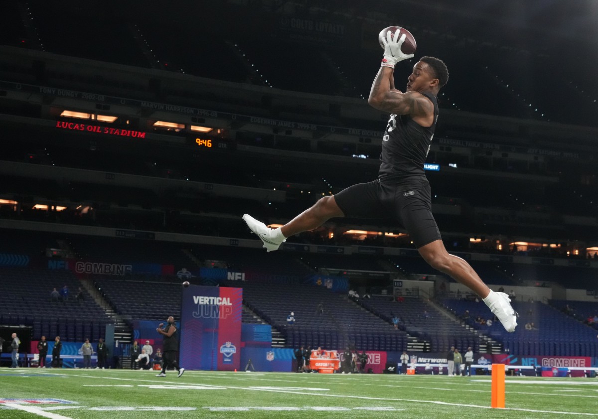 Mar 3, 2022; Indianapolis, IN, USA; Kentucky wide receiver Wan'Dale Robinson (WO28) goes through a drill during the 2022 NFL Scouting Combine at Lucas Oil Stadium. Mandatory Credit: Kirby Lee-USA TODAY Sports