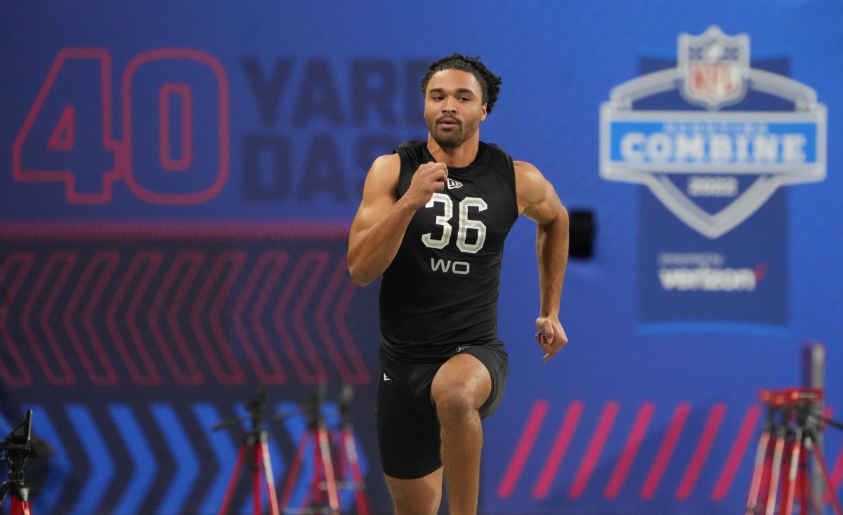 Mar 3, 2022; Indianapolis, IN, USA; Northern Iowa wide receiver Isaiah Weston (WO36) runs the 40-yard dash during the 2022 NFL Scouting Combine at Lucas Oil Stadium. Mandatory Credit: Kirby Lee-USA TODAY Sports