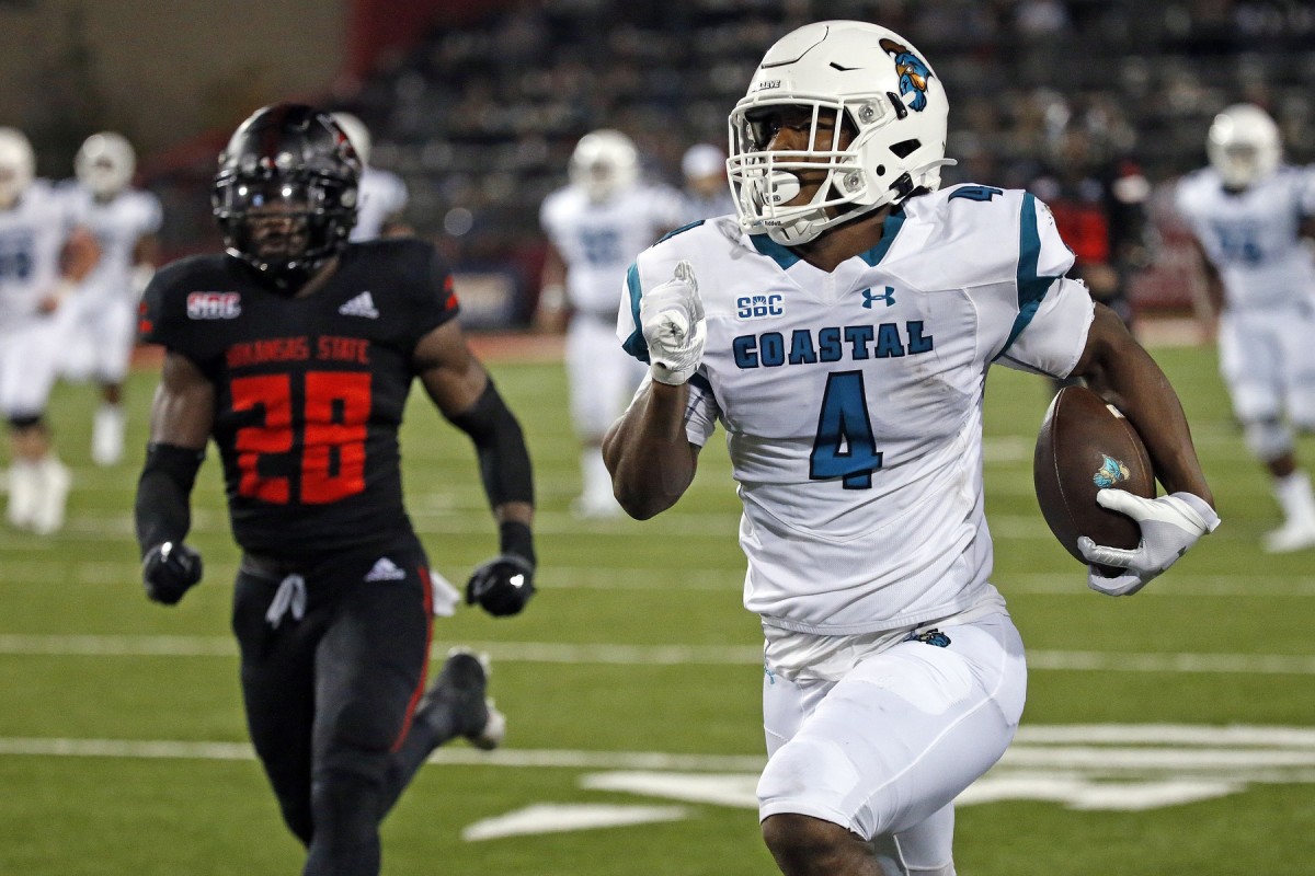 Coastal Carolina tight end Isaiah Likely (4) runs a catch for a touchdown during against Arkansas State. Mandatory Credit: Petre Thomas-USA TODAY Sports