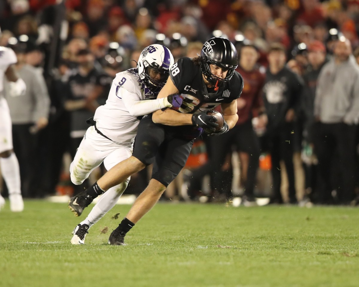Iowa State Cyclones tight end Charlie Kolar (88) is tackled by TCU Horned Frogs cornerback C.J. Ceasar II (9). Mandatory Credit: Reese Strickland-USA TODAY Sports