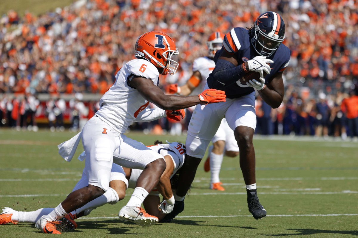 Virginia Cavaliers tight end Jelani Woods (0) catches a touchdown pass as Illinois defensive back Tony Adams (6) defends. Mandatory Credit: Geoff Burke-USA TODAY Sports