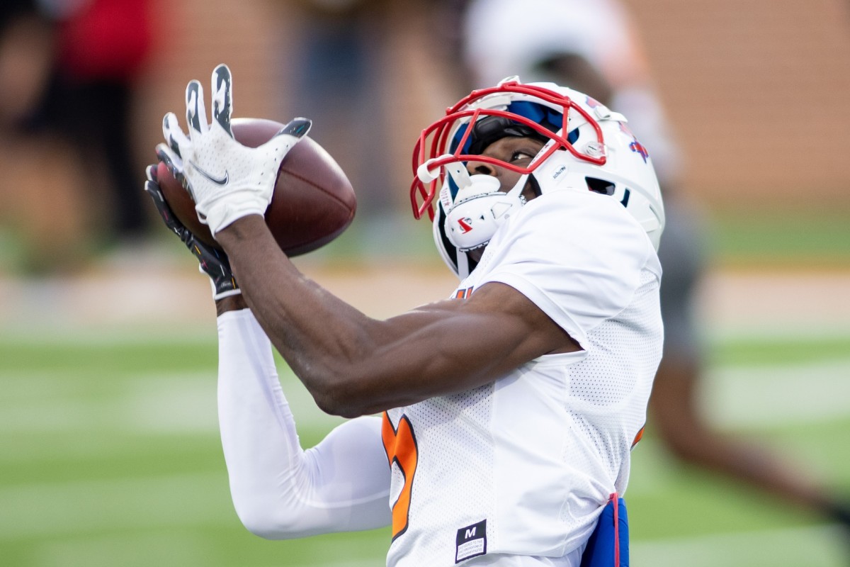 Feb 1, 2022; Mobile, AL, USA; American wide receiver Danny Gray of SMU (5) grabs a pass during American practice for the 2022 Senior Bowl at Hancock Whitney Stadium.