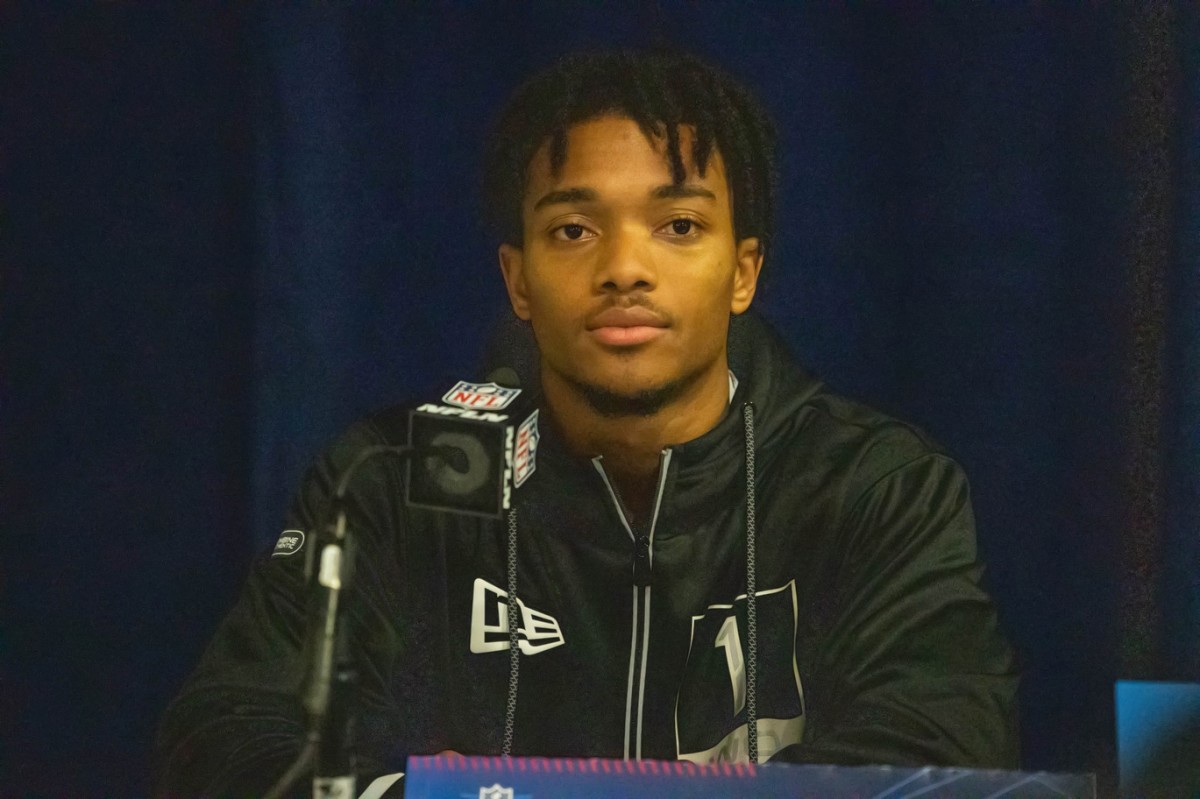 Mar 2, 2022; Indianapolis, IN, USA; Memphis wide receiver Calvin Austin III talks to the media during the 2022 NFL Combine.