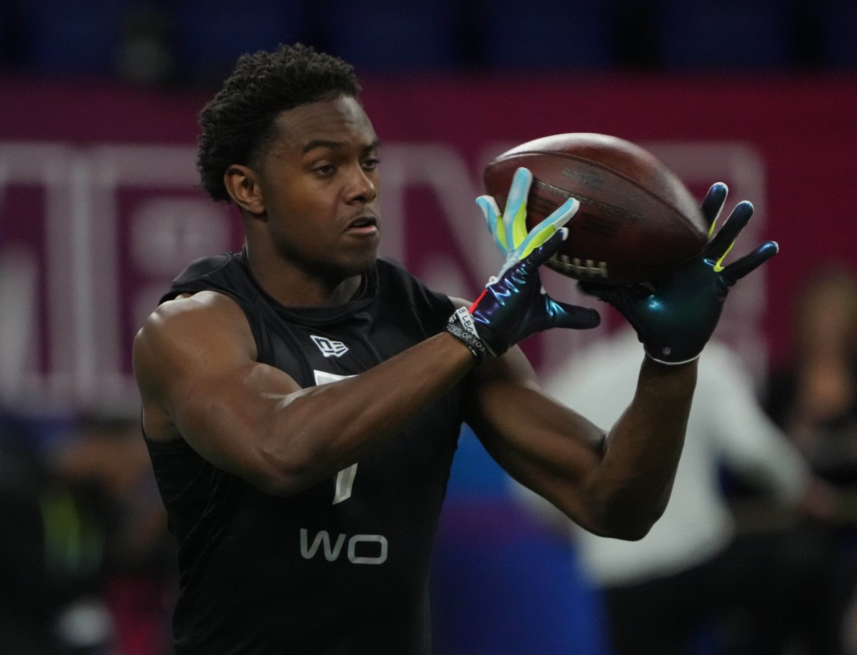 Mar 3, 2022; Indianapolis, IN, USA; Penn State wide receiver Jahan Dotson (WO07) goes through drills during the 2022 NFL Scouting Combine at Lucas Oil Stadium.
