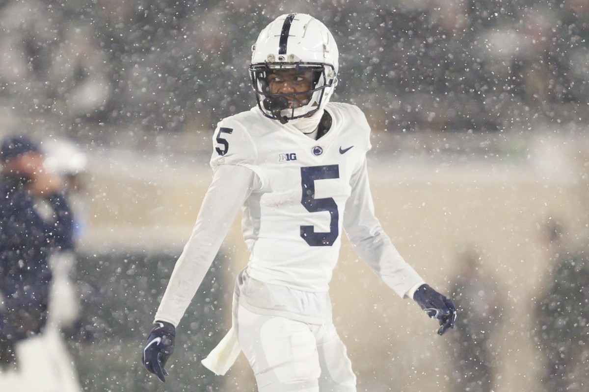 Nov 27, 2021; East Lansing, Michigan, USA; Penn State Nittany Lions wide receiver Jahan Dotson (5) looks over to the sideline during the fourth quarter against the Michigan State Spartans at Spartan Stadium.