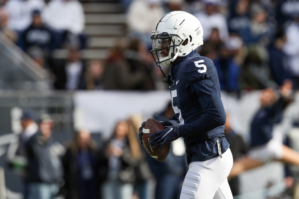 Nov 20, 2021; University Park, Pennsylvania, USA; Penn State Nittany Lions wide receiver Jahan Dotson (5) warms up prior to the game against the Rutgers Scarlet Knights at Beaver Stadium.