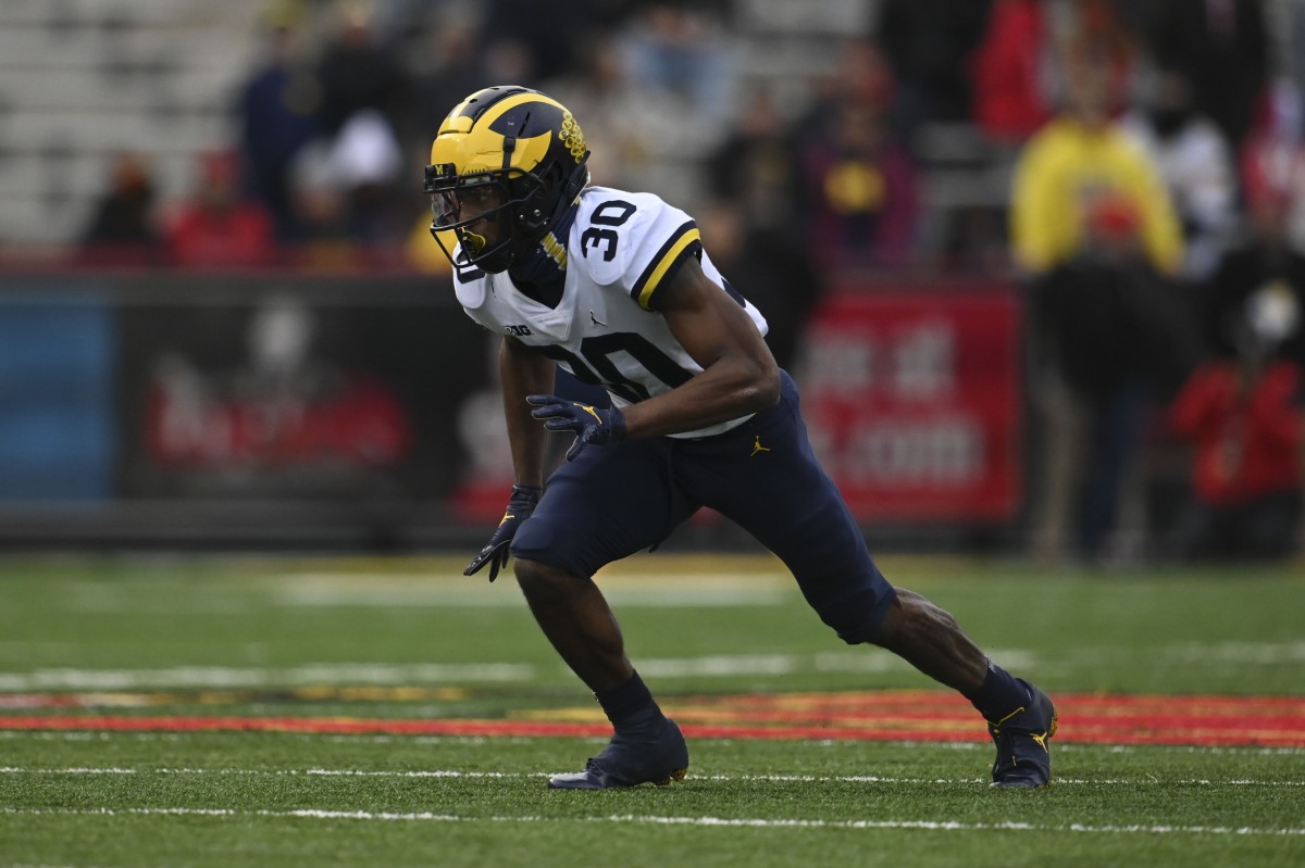 Nov 20, 2021; College Park, Maryland, USA; Michigan Wolverines defensive back Daxton Hill (30) rushes during the first halfagainst the Maryland Terrapins at Capital One Field at Maryland Stadium. Mandatory Credit: Tommy Gilligan-USA TODAY Sports