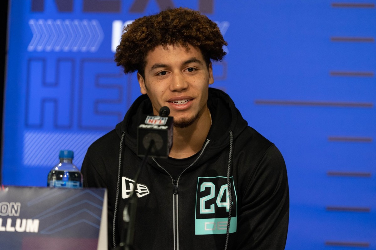 Mar 5, 2022; Indianapolis, IN, USA; Sam Houston State defensive back Zyon McCollum (DB24) talks to the media during the 2022 NFL Scouting Combine at Lucas Oil Stadium. Mandatory Credit: Trevor Ruszkowski-USA TODAY Sports