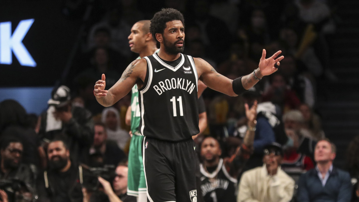 Kyrie Irving reacts during playoff game vs. Celtics